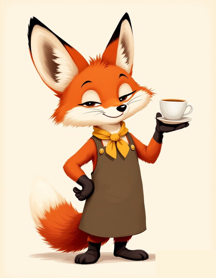 Kit, the mascot, as the anchor image: flat almond eyes, oversized ears, a neckerchief and an apron