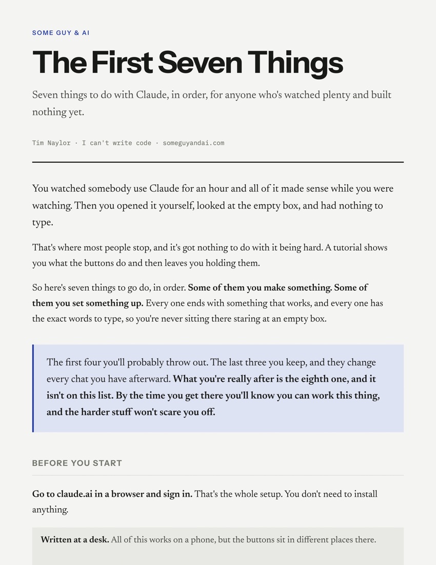 The first page of The First Seven Things, the free guide